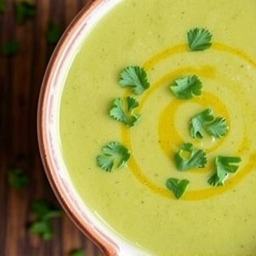 A bowl of creamy avocado soup garnished with cilantro and a drizzle of olive oil