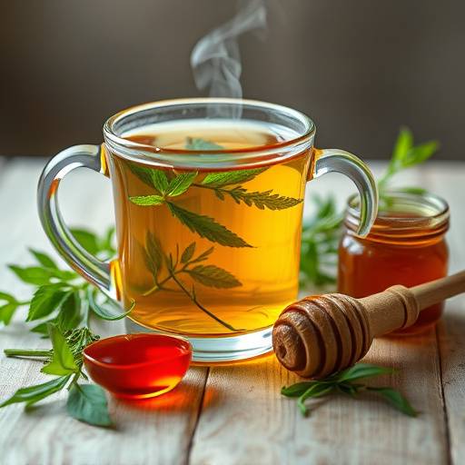 A cup of herbal tea with fresh herbs and honey