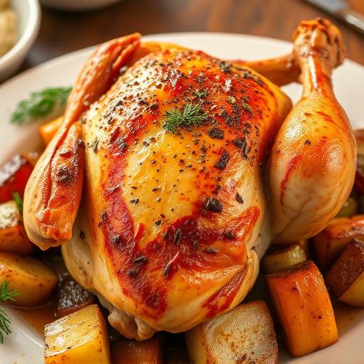 A perfectly roasted chicken with golden-brown skin, served with roasted vegetables.