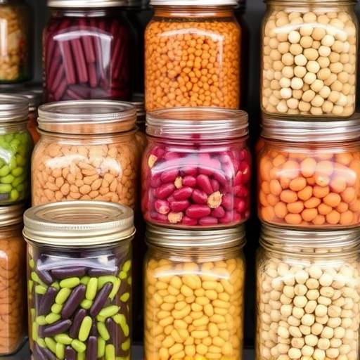 A selection of different types of beans and legumes in glass jars