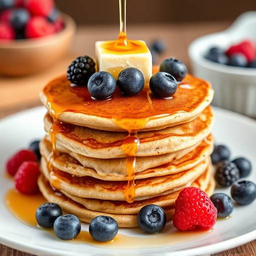 A stack of whole wheat pancakes topped with fresh berries and a drizzle of maple syrup
