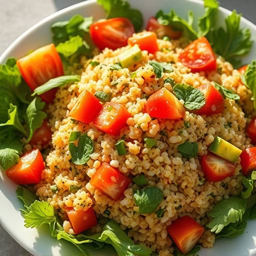 A vibrant bowl of quinoa salad with fresh vegetables and herbs