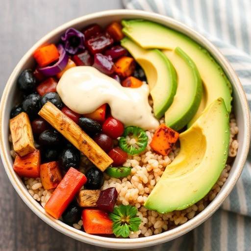 Overhead shot of a colorful Buddha bowl with mixed grains, roasted vegetables, avocado, and a tahini dressing