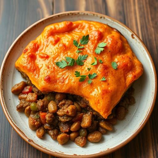 Overhead view of a plate of lentil shepherd's pie with a golden brown mashed sweet potato topping
